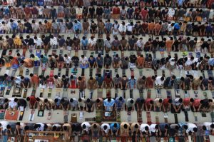 Students pray at Ar-Raudhatul Hasanah Islamic boarding school on the first day of Ramadan in Medan, North Sumatra